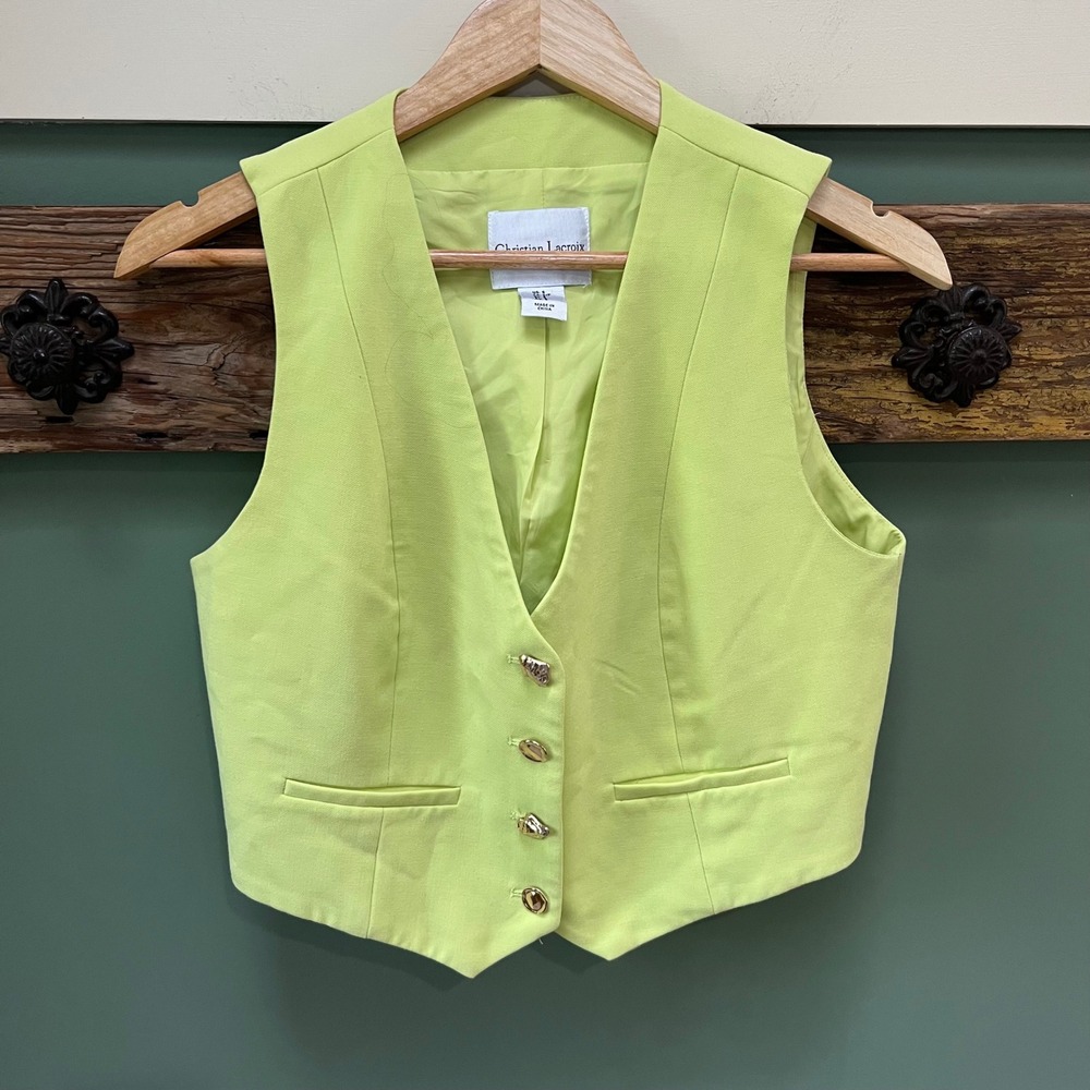 Christian Lacroix Women Lime Green Button Front Tailored Waistcoat Vest Small